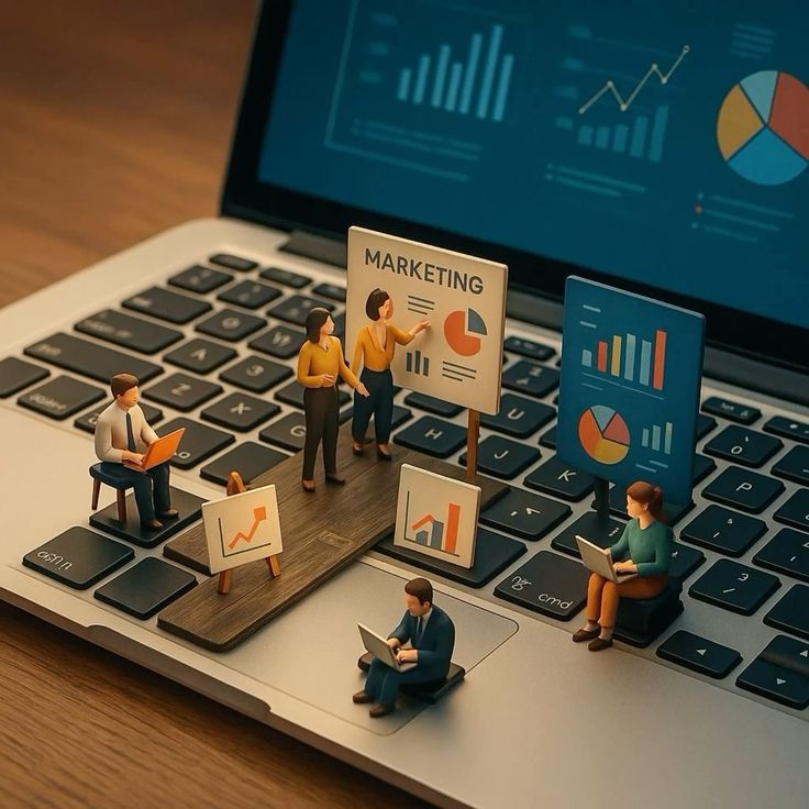“Miniature marketing team figures working on a laptop with charts, graphs, and analytics boards, representing digital marketing strategy and business growth.”
